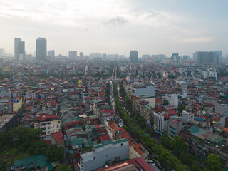 Fototapeta na wymiar Aerial view of Hanoi Downtown Skyline, Vietnam. Financial district and business centers in smart urban city in Asia. Skyscraper and high-rise buildings.