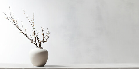 Blossom branch in ceramic vase near gray stucco wall background. Interior design of modern living room with space for text. Created with generative AI