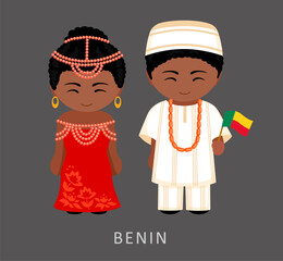 Woman and man in Benin national costume. Beninese couple, cartoon characters in traditional ethnic clothes. Flat vector illustration.