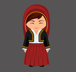 Cypriot female cartoon character in traditional ethnic dress. Woman in Cyprus national costume. Isolated flat vector illustration.