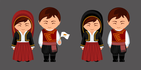Cypriots in national costume. Couple in Cyprus traditional clothes. Man and woman cartoon character. Isolated flat vector illustration.