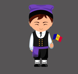 Andorran male cartoon character in traditional ethnic costume with national flag. Man in Andorra clothes. Isolated flat vector illustration.
