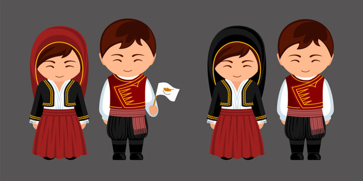 Cypriots in national costume. Couple in Cyprus traditional clothes. Man and woman cartoon character. Isolated flat vector illustration.