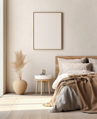 Wooden bed near white wall with empty mockup poster frame. Interior design of modern bedroom. Created with generative AI