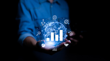 Digital Marketing Strategies and Goals. Businessman with icons of Digital marketing internet...