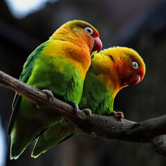 Red and green parrots next to each other. Animal love