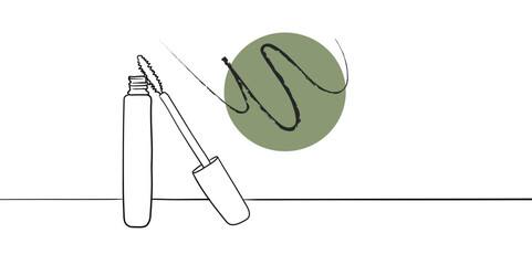 Cosmetics set line brushes tube with green shape on white background. Minimal design templtate card