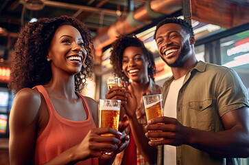 African-American friends gathered in a bar to drink beer, celebrate a meeting. Generative AI