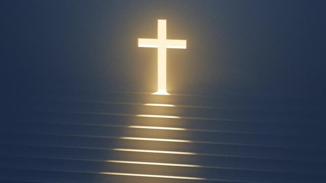 A staircase ascends towards a cross emanating a radiant glow.