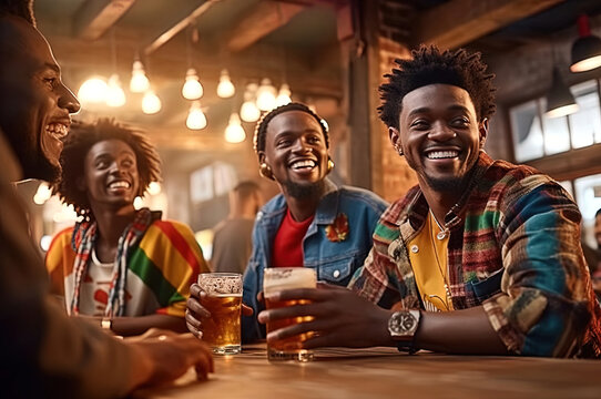 African-American friends gathered in a bar to drink beer, celebrate a meeting. Generative AI