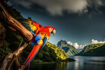 blue and yellow macaw and rainbow in the sky generated by ai