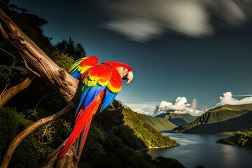 blue and yellow macaw and rainbow in the sky generated by ai