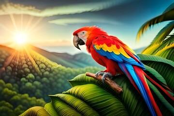 red and yellow macaw in jungle  