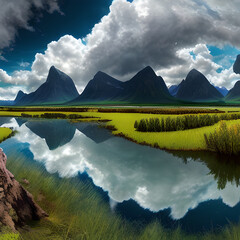 Atmospheric landscape, blue sky and mirror, river and lake, mountains Mountain nature Summer landscape, Generative AI