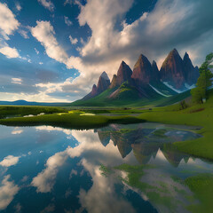 Fototapeta premium Atmospheric landscape, blue sky and mirror, river and lake, mountains Mountain nature Summer landscape, Generative AI