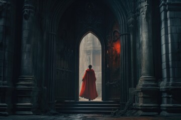 Gothic Silhouette of a Woman in a Red Cape in Front of a Doorway in a Dark Creepy Castle. Generative AI