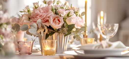 Pink Tables set for an event party or wedding reception. Luxury elegant table setting dinner in a restaurant. glasses and dishes.	