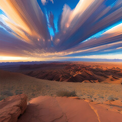 Fototapeta na wymiar Panorama of stone desert. Sahara desert at dawn, mountain landscape with dust on the horizon, hills, Generative AI