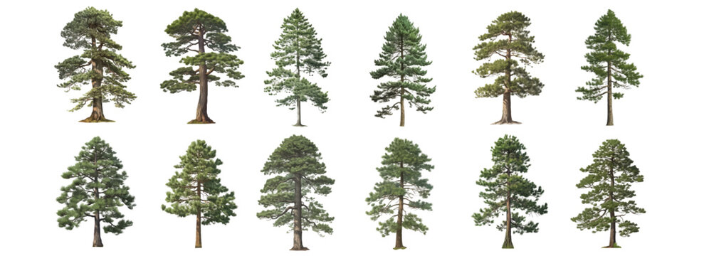 Set of tree isolated, Realistic pine trees natural objects: trees, bushes, herbs and grass