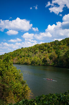 Rowers on Melton Hill Lake during the Secret City Head Race in Oak Ridge, Tennessee