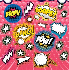 Obraz premium comic book explosion, Vintage, retro style pattern. Wallpaper, banner with comics, anime, manga elements.