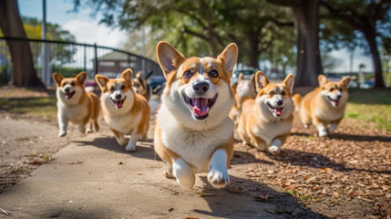A Playful Pack of Corgi Dogs Frolicking and Running in the Dog Park - Joyful, Happy, and Excited Expressions - Pet Play Concept - Generative AI