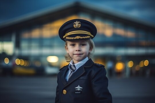 child boy that is wearing a pilot's uniform against an airport terminal background