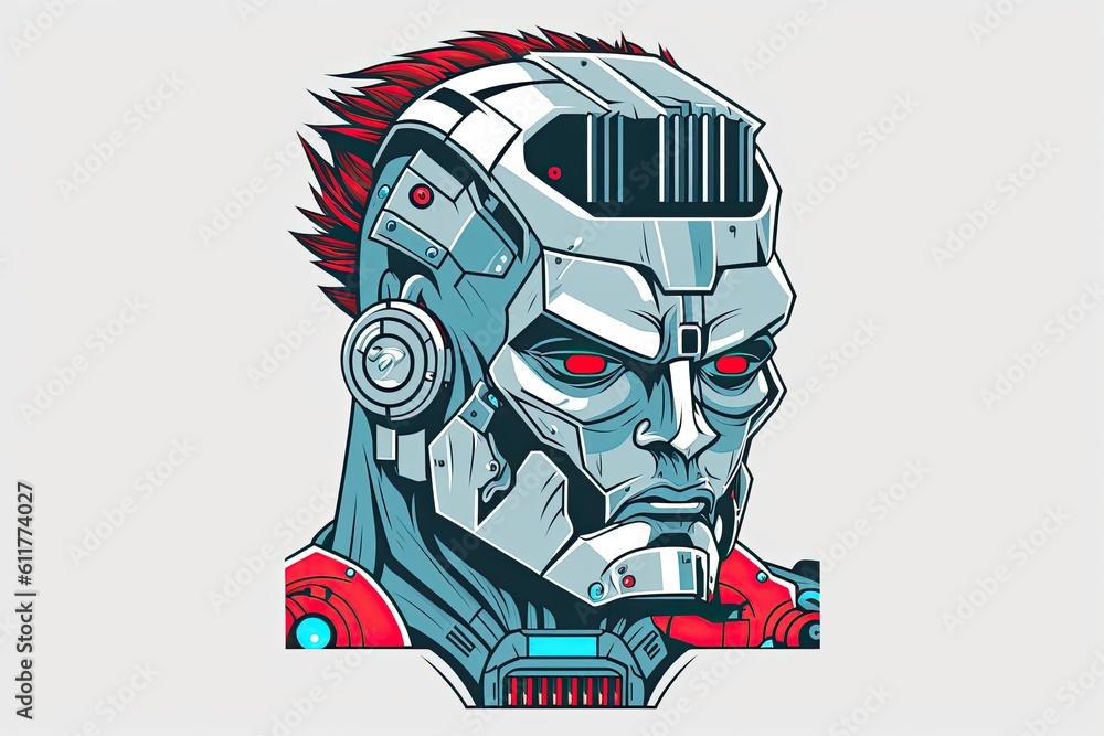 Poster futuristic robot with a red-eyed menacing stare and a sleek mohawk. generative ai