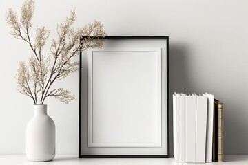 minimalist white interior with a vase and bookshelf. Generative AI