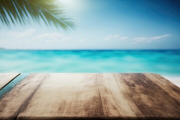 Fototapeta premium A blue wooden board and a misty, shimmering sea may be seen in the background. You may sell your products if you want to. Summertime travel concept. Generative AI