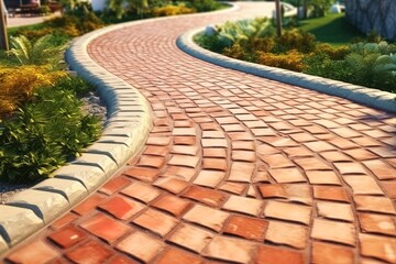 Clinker brick path to the house, landscaping. Generative AI