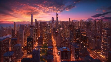 Fototapeta premium the architectural beauty of a modern city skyline at dusk, with the buildings illuminated by the warm glow of city lights generated AI