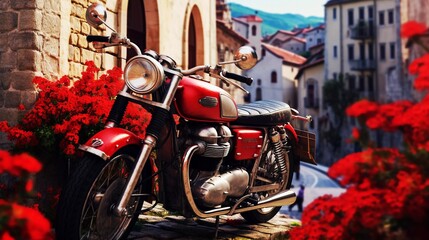 Fototapeta premium Motorcycle on a background of flowers on a city street