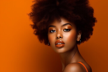 Pretty young afro-american model woman on the orange background. Generative AI