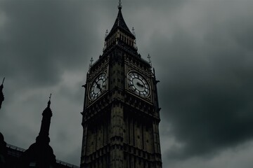 majestic clock tower standing against a dramatic cloudy sky. Generative AI