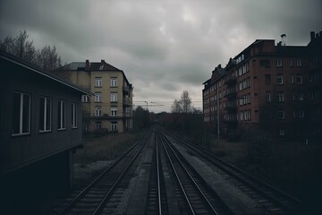 Fototapeta na wymiar train tracks with urban skyline in the background. Generative AI