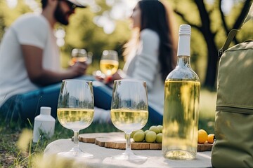 A couple in love drinks white wine during a summer picnic. Generative AI