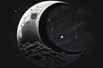 crescent moon with a mountainous landscape and starry sky. Generative AI