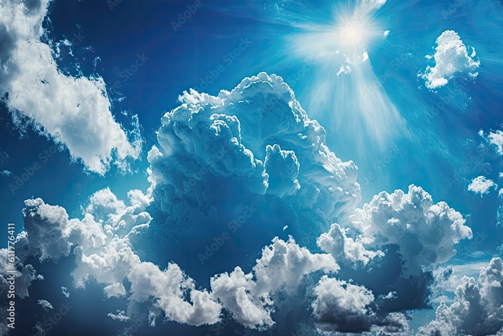Poster sun rays breaking through clouds in the sky. generative ai