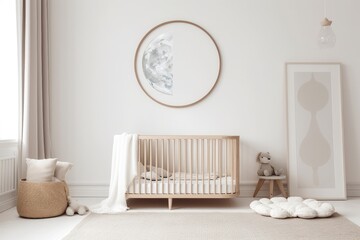 minimalist babys room with a white crib and rug. Generative AI
