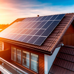 Solar panel on house roof, illustration generative AI. Innovation, modern technology,  alternative energy concept