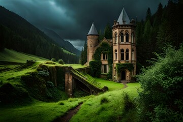 Naklejka premium an ancient castle with weathered stone walls and overgrown vines, standing as a testament to history