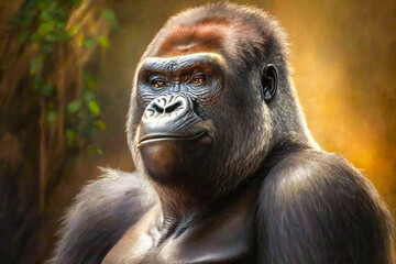 Obraz premium Portrait of realistic and adorable Gorilla with smile Illustration. Closeup funny smiling animal face. Hilarious, humorous, entertaining animals, Heartwarming concept. Made with Generative AI