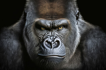 Portrait of realistic Gorilla seriously looking at a viewer Illustration. Intense expression, Confident posture, Weighty depiction, Penetrating gaze, Dignified gorilla concept. Made with Generative AI - obrazy, fototapety, plakaty