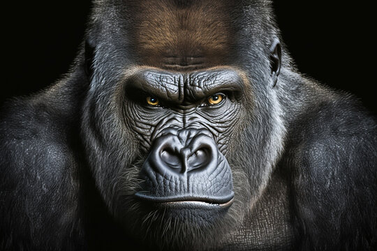 Portrait of realistic Gorilla seriously looking at a viewer Illustration. Intense expression, Confident posture, Weighty depiction, Penetrating gaze, Dignified gorilla concept. Made with Generative AI