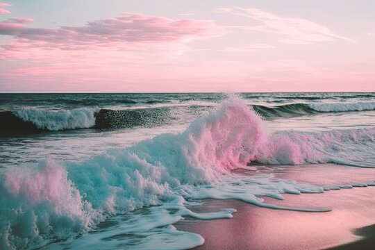 Beach Waves, Pastel Pink Aesthetic Image, Sunset Beach Ocean Waves, Pastel Pink, Pink Aesthetic. Generative AI