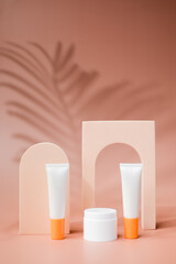 Sunscreen and beauty products on a beauty background. clean cosmetic and sunscreen concept.