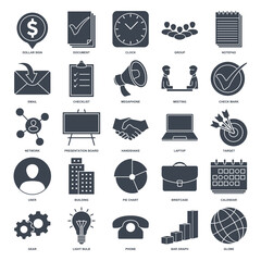 A collection of 25 vector icons representing various aspects of business management. These icons can be used to enhance presentations, websites, or any design related to business management