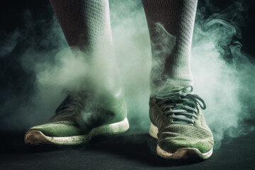 Smelly tennis shoes with green fumes rising up, foot odor concept, Generative AI
