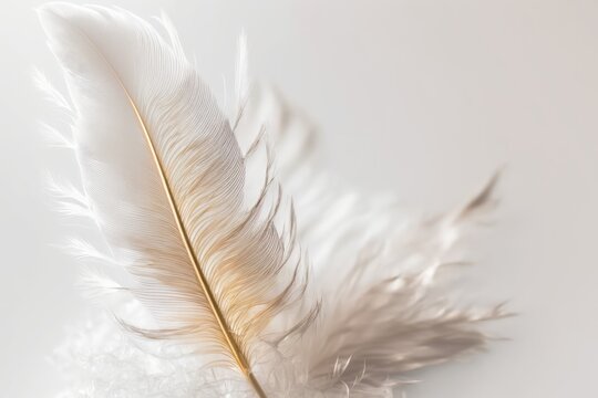 Beautiful fluffy white feather on a background of white, abstract feather. high quality. Copy design and text spacing. Pastel beige and white are the colors. high quality. Generative AI © 2ragon